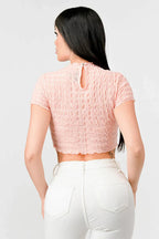 TEXTURED RUFFLED HEM KEYHOLE BACK ASYMMETRICAL CROPPED TOP Bella Moda Latina
