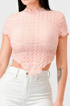 TEXTURED RUFFLED HEM KEYHOLE BACK ASYMMETRICAL CROPPED TOP Bella Moda Latina