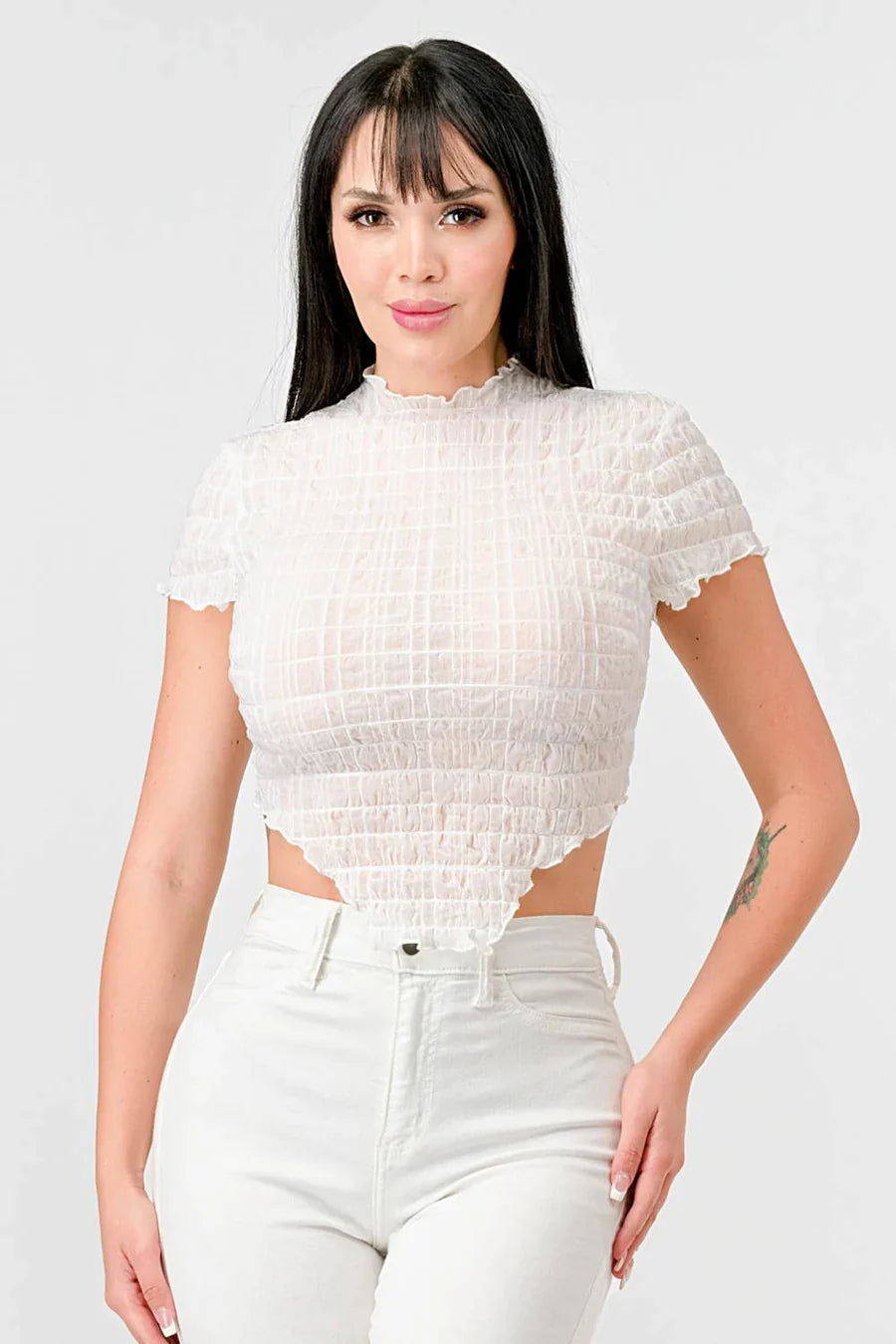 TEXTURED RUFFLED HEM KEYHOLE BACK ASYMMETRICAL CROPPED TOP Bella Moda Latina