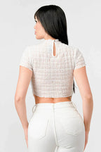 TEXTURED RUFFLED HEM KEYHOLE BACK ASYMMETRICAL CROPPED TOP Bella Moda Latina