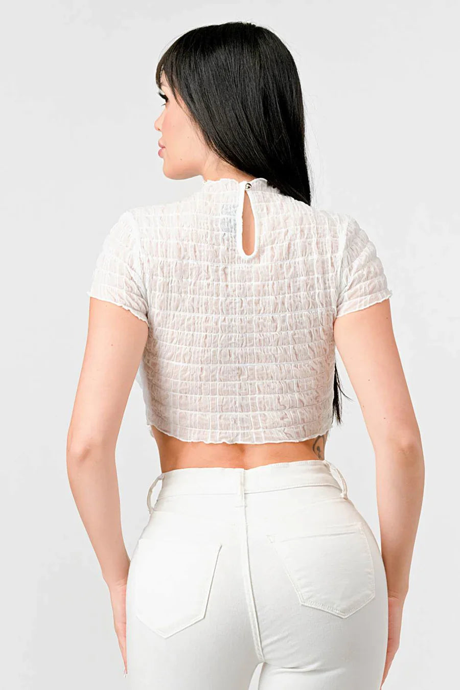 TEXTURED RUFFLED HEM KEYHOLE BACK ASYMMETRICAL CROPPED TOP Bella Moda Latina