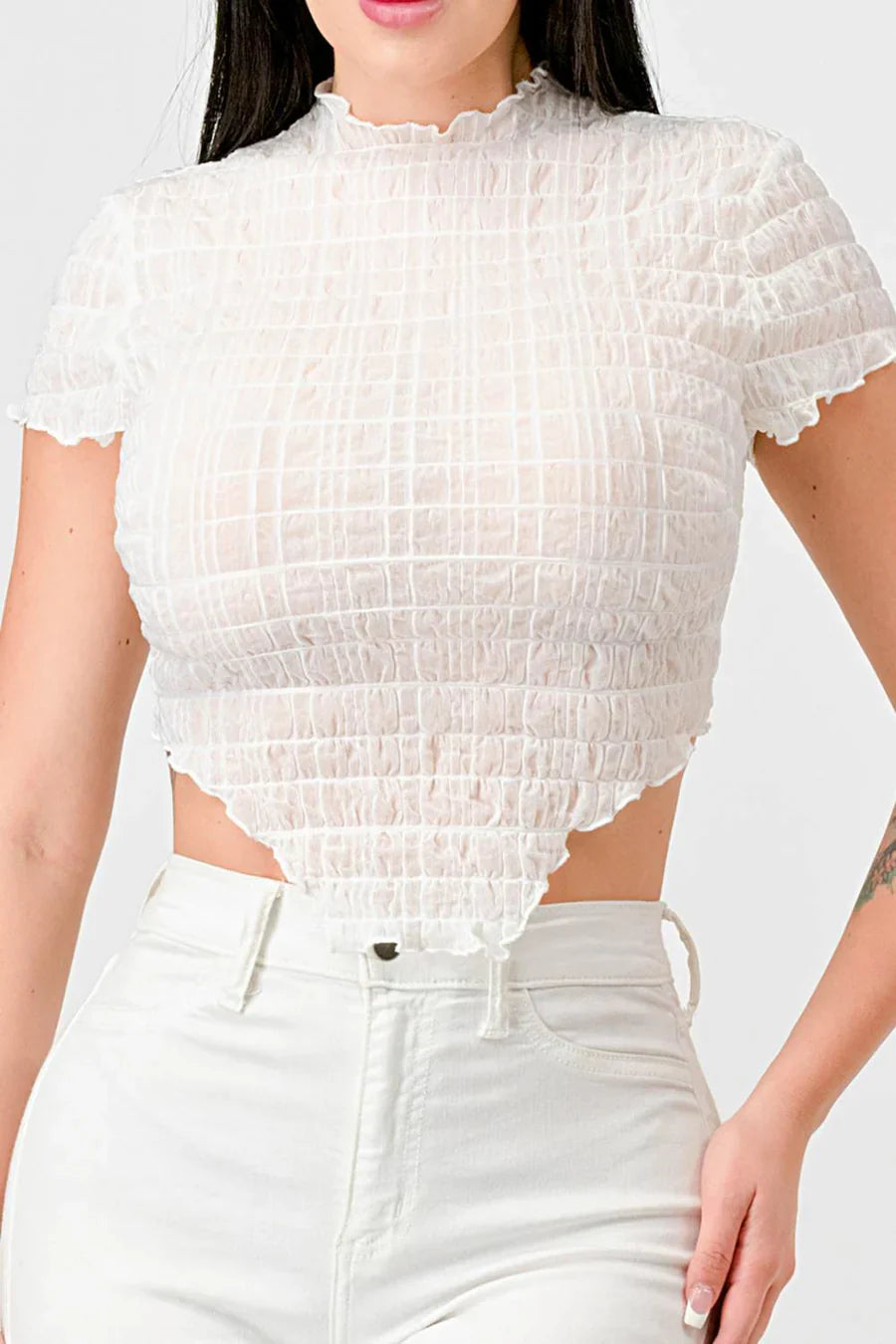 TEXTURED RUFFLED HEM KEYHOLE BACK ASYMMETRICAL CROPPED TOP Bella Moda Latina