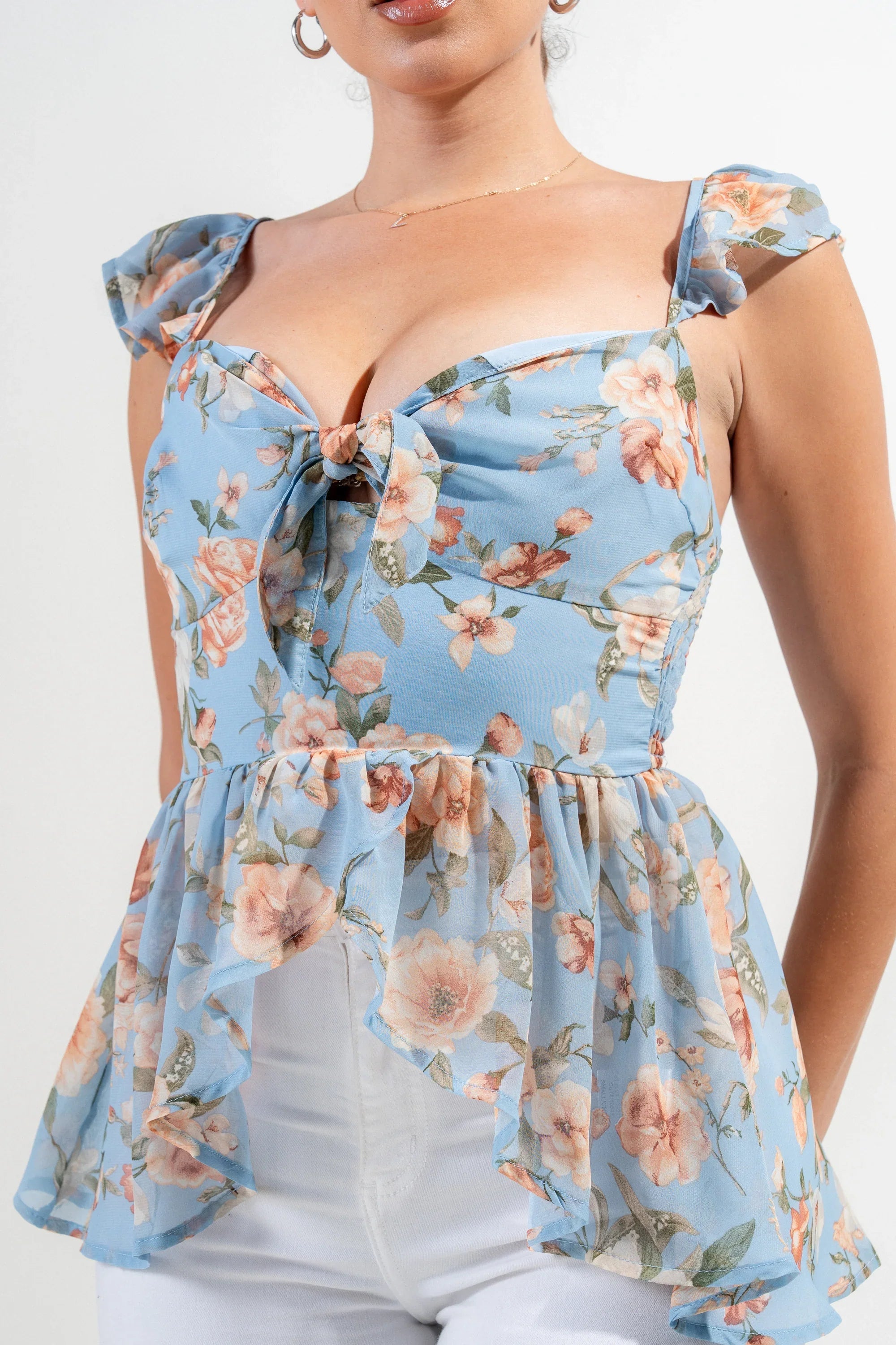 FLORAL KNOT TIE SWEETHEART FLUTTER RUFFLED TOP Bella Moda Latina