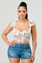 FLORAL SWEETHEART RUCHED FLUTTER SLEEVES CROPPED TOP Bella Moda Latina