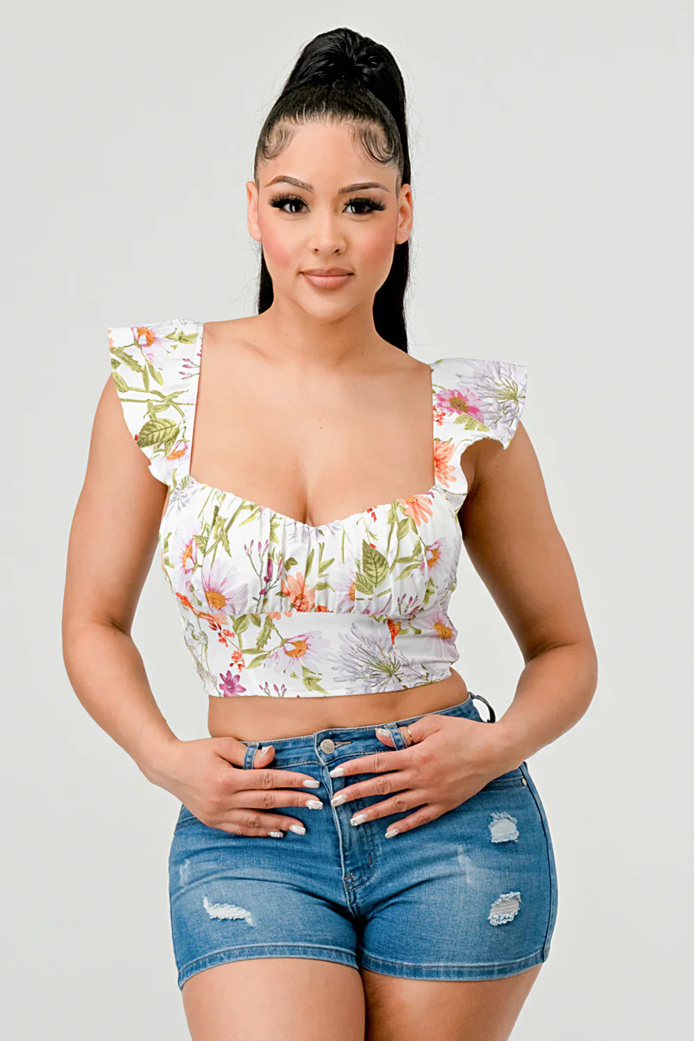 FLORAL SWEETHEART RUCHED FLUTTER SLEEVES CROPPED TOP Bella Moda Latina