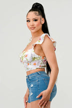 FLORAL SWEETHEART RUCHED FLUTTER SLEEVES CROPPED TOP Bella Moda Latina
