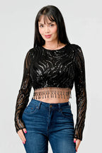 LUXE WAVE SEQUINS LONG SLEEVES STONE FRINGE DETAIL CROPPED TOP Bella Moda Latina