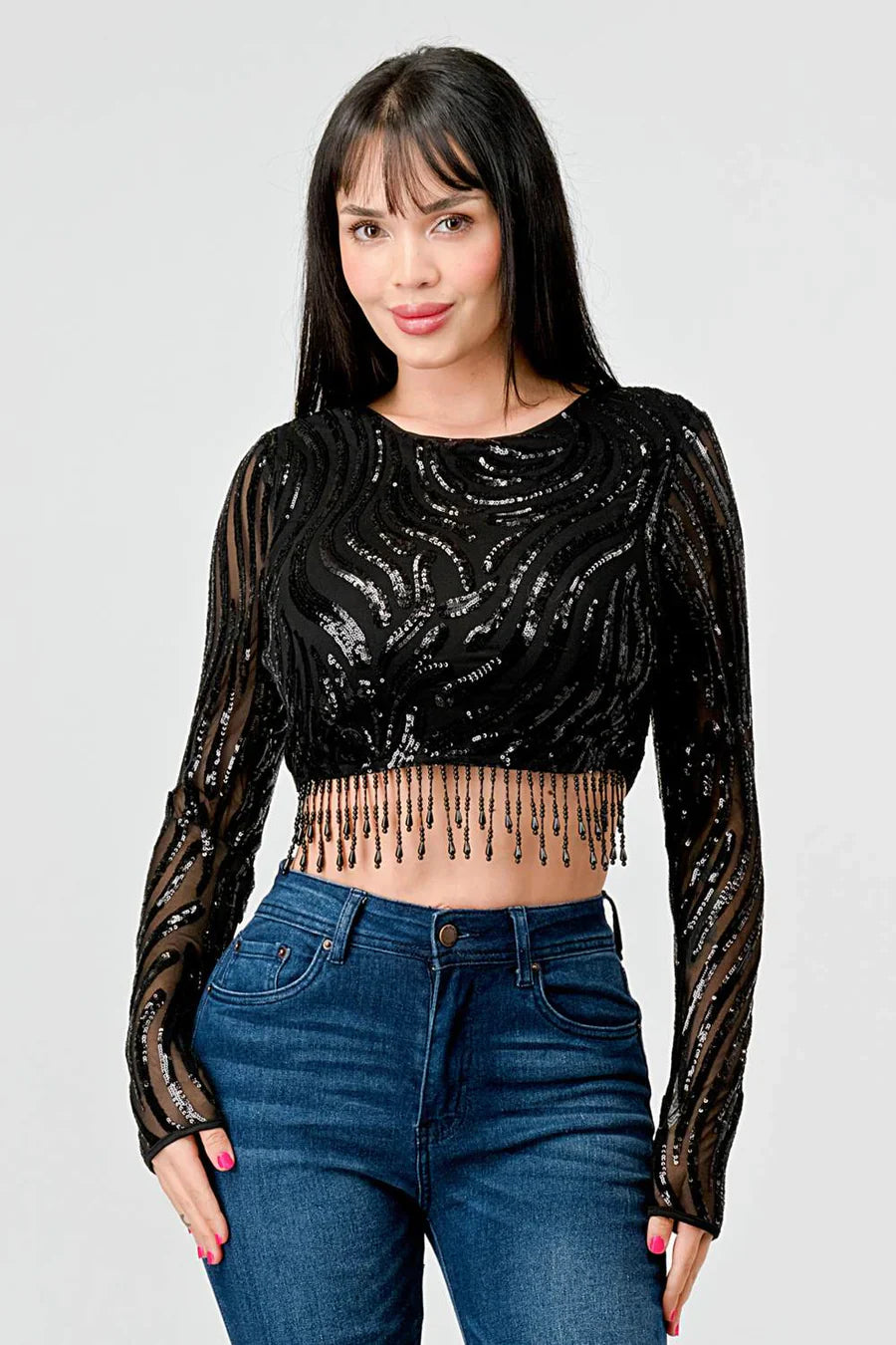 LUXE WAVE SEQUINS LONG SLEEVES STONE FRINGE DETAIL CROPPED TOP Bella Moda Latina