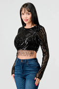 LUXE WAVE SEQUINS LONG SLEEVES STONE FRINGE DETAIL CROPPED TOP Bella Moda Latina