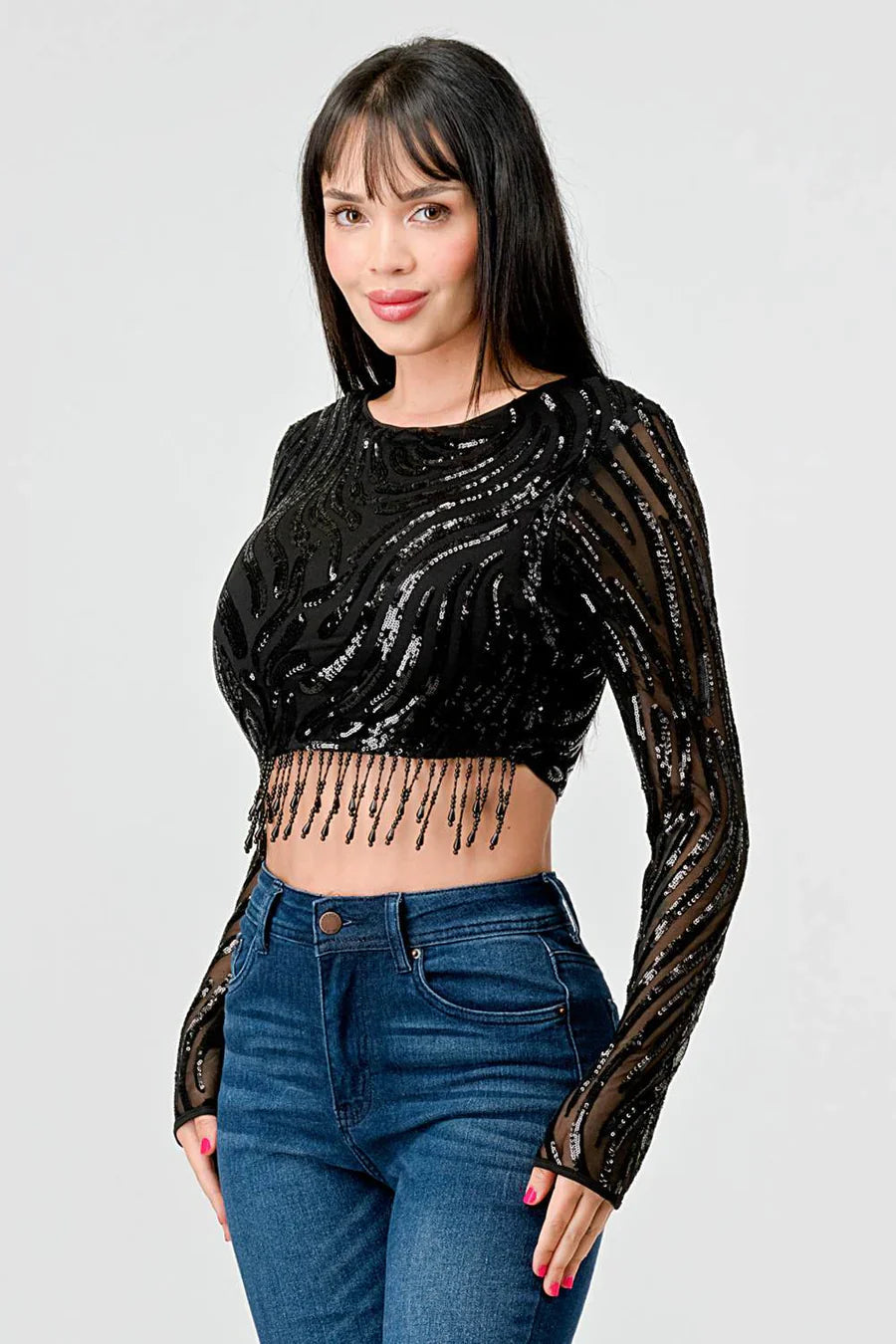 LUXE WAVE SEQUINS LONG SLEEVES STONE FRINGE DETAIL CROPPED TOP Bella Moda Latina