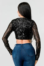 LUXE WAVE SEQUINS LONG SLEEVES STONE FRINGE DETAIL CROPPED TOP Bella Moda Latina