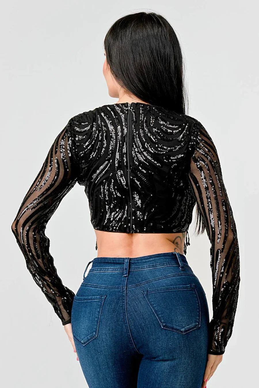 LUXE WAVE SEQUINS LONG SLEEVES STONE FRINGE DETAIL CROPPED TOP Bella Moda Latina