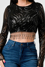 LUXE WAVE SEQUINS LONG SLEEVES STONE FRINGE DETAIL CROPPED TOP Bella Moda Latina