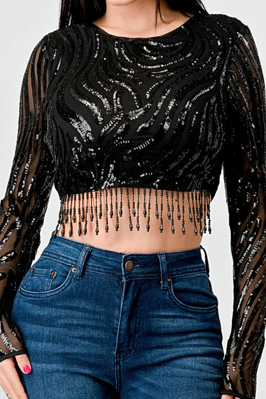 LUXE WAVE SEQUINS LONG SLEEVES STONE FRINGE DETAIL CROPPED TOP Bella Moda Latina
