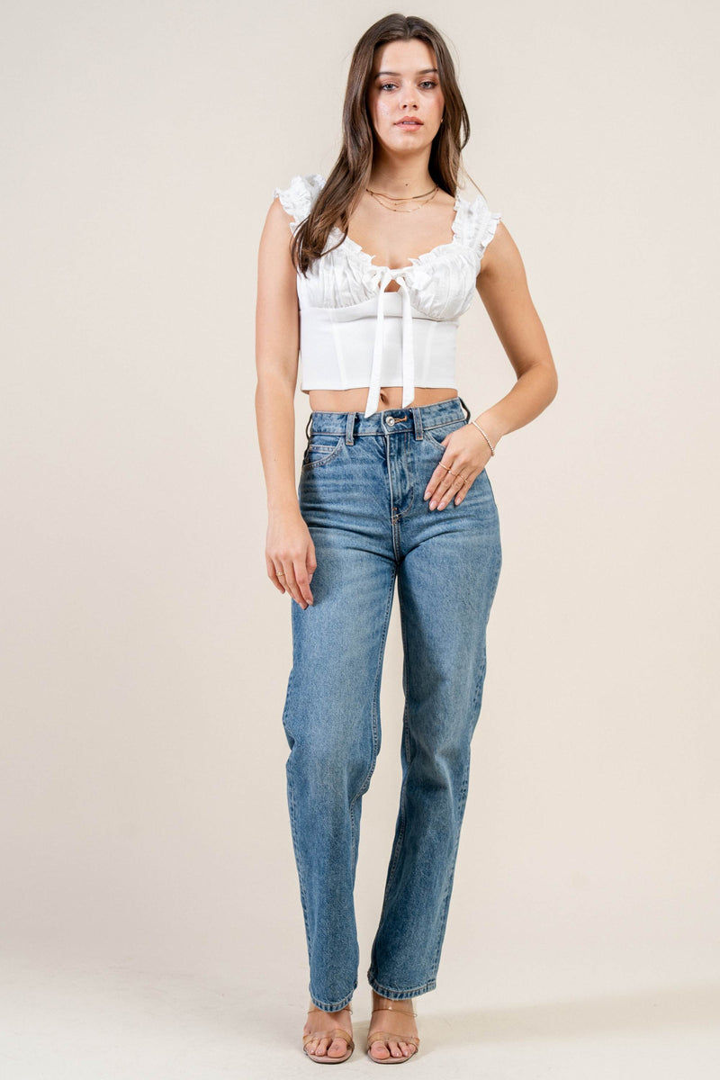 Satin Tie-Front Ruffle Bustier Crop Top Bella Moda Latina