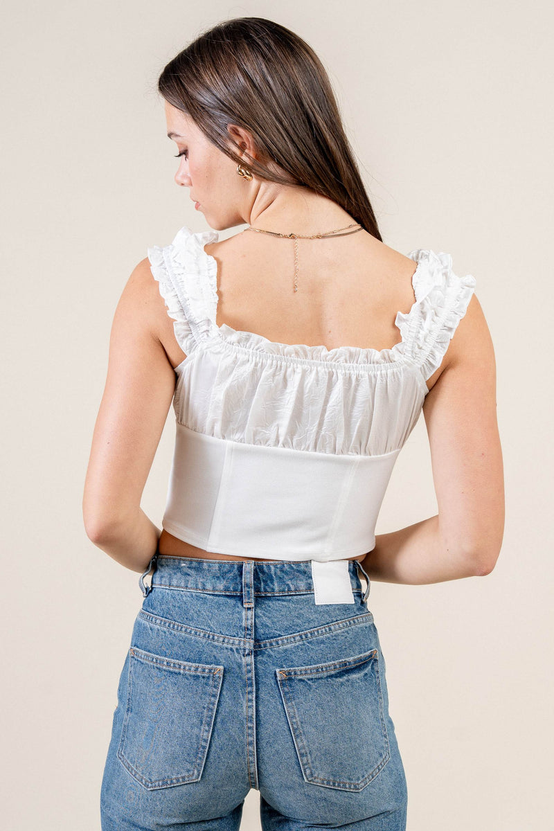 Satin Tie-Front Ruffle Bustier Crop Top Bella Moda Latina