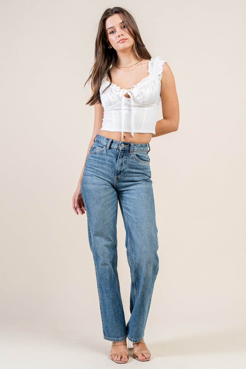 Satin Tie-Front Ruffle Bustier Crop Top Bella Moda Latina