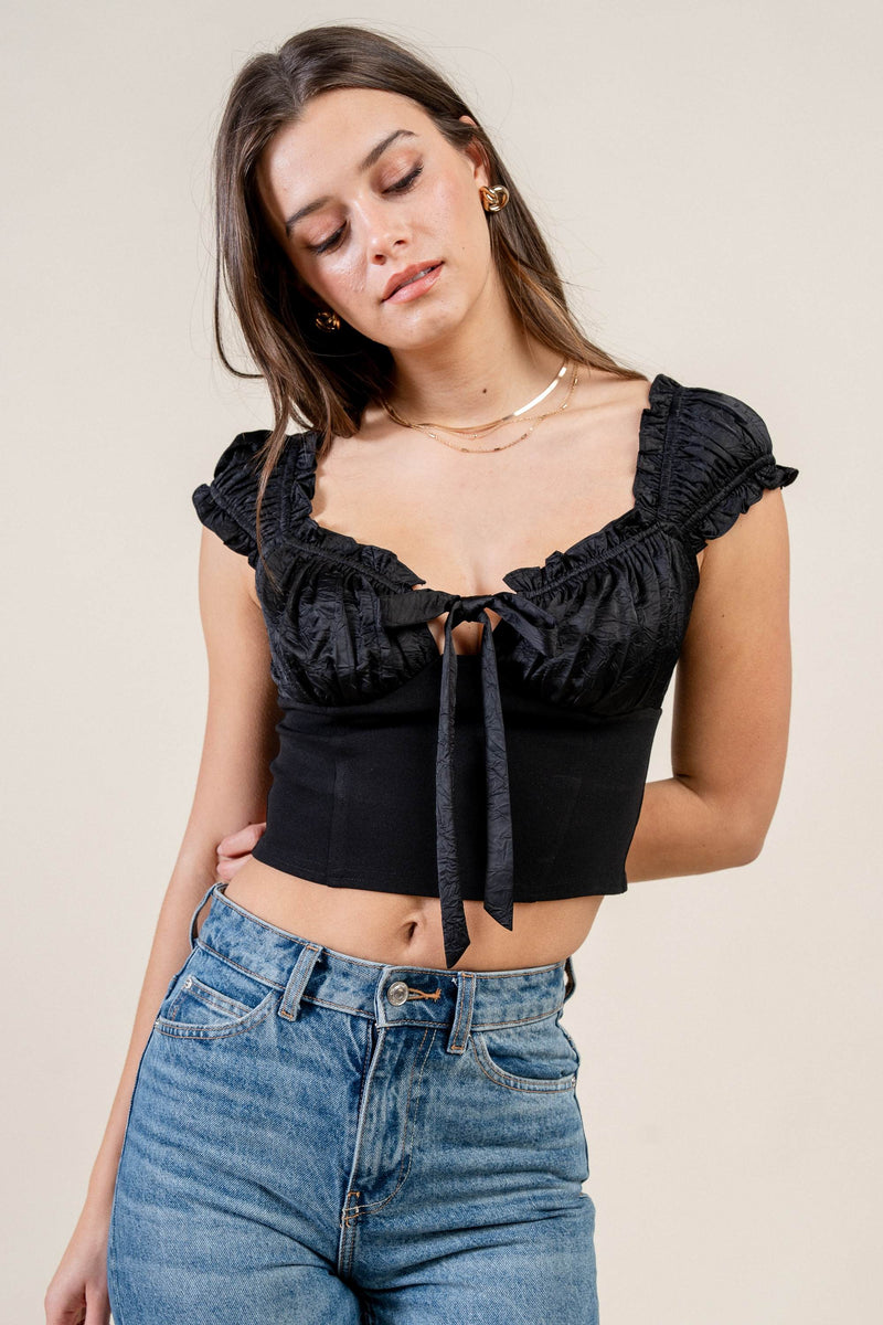 Satin Tie-Front Ruffle Bustier Crop Top Bella Moda Latina