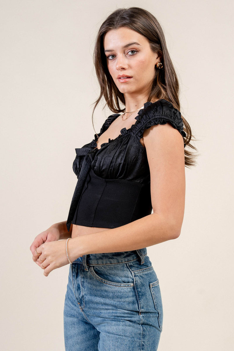 Satin Tie-Front Ruffle Bustier Crop Top Bella Moda Latina