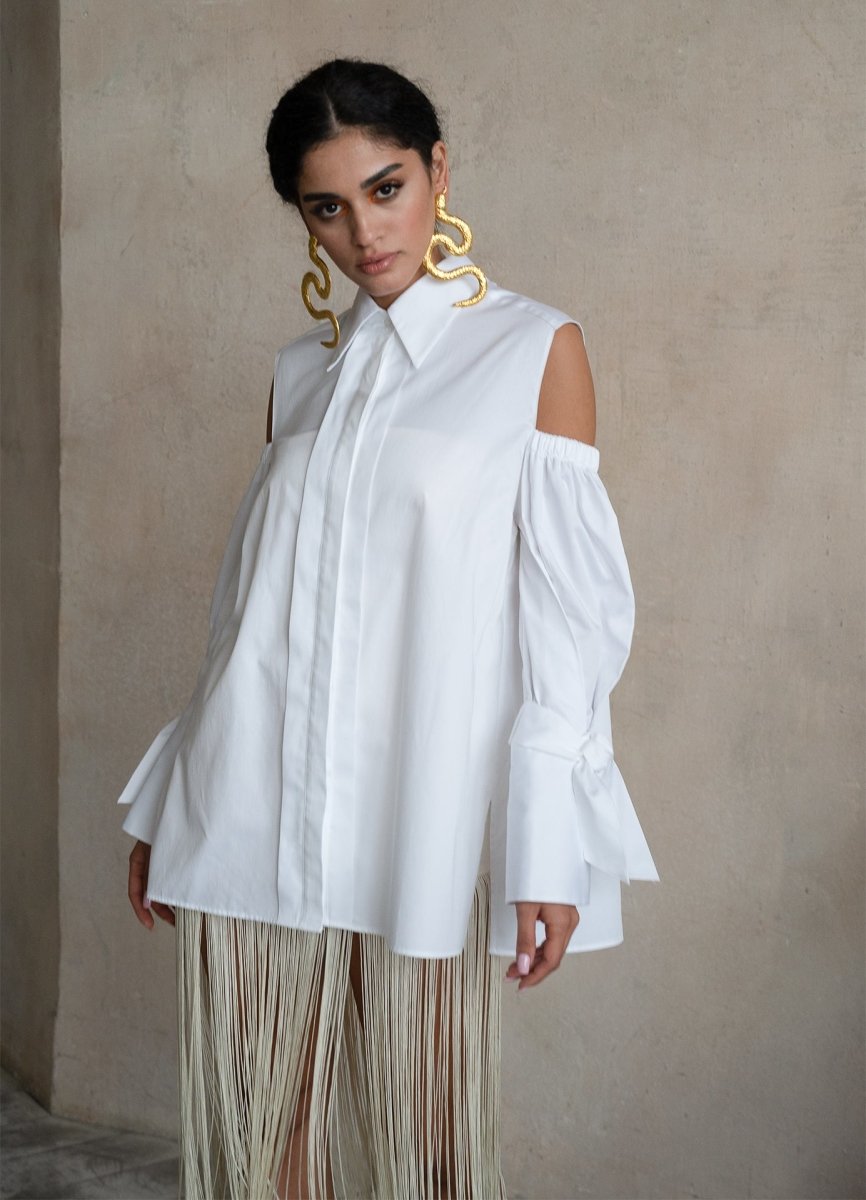 Quarta Open Shoulders White Organic Cotton Shirt ETNA