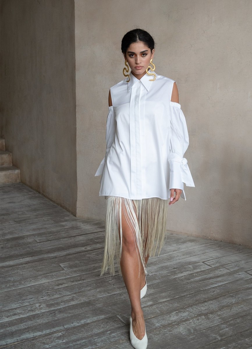 Quarta Open Shoulders White Organic Cotton Shirt ETNA