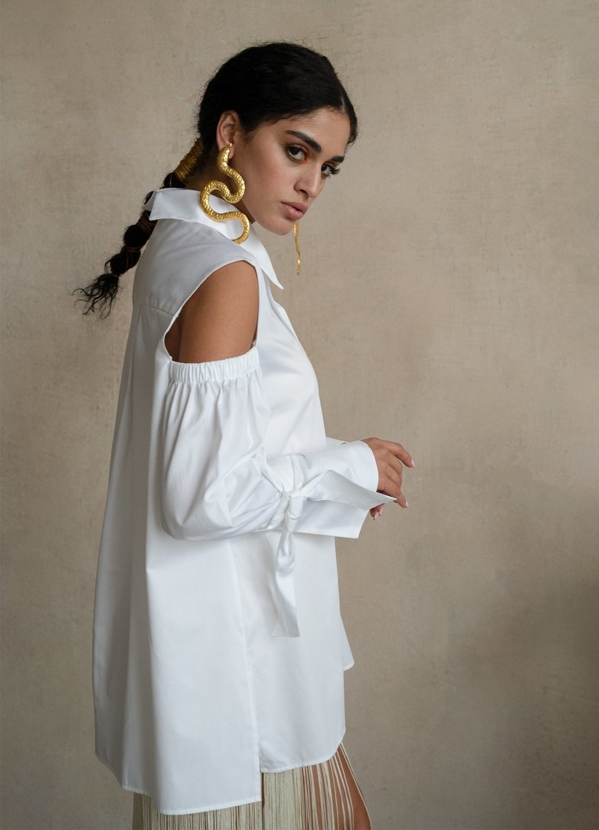 Quarta Open Shoulders White Organic Cotton Shirt ETNA