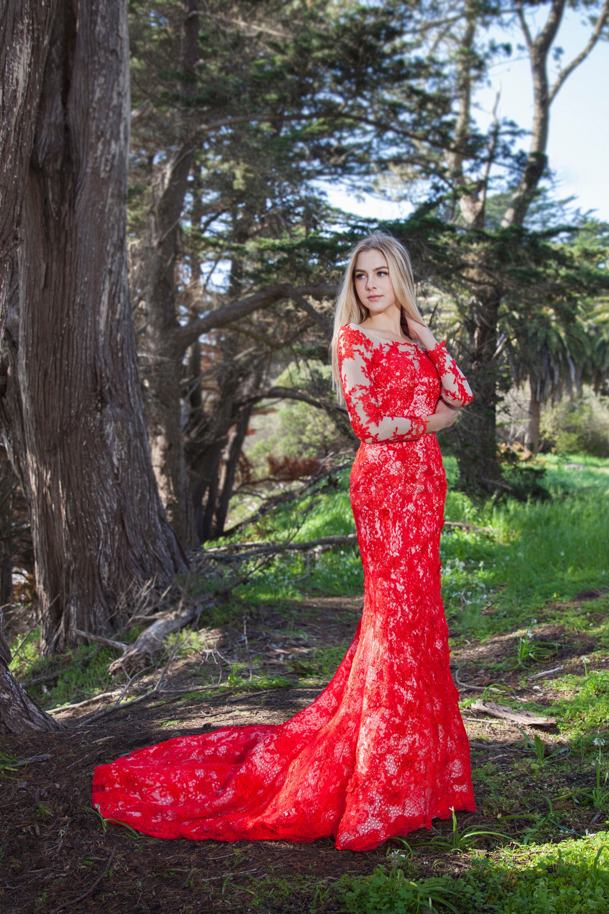 Coronation - Selena Huan Red Lace Long-sleeves Mermaid Gown Lace Colored Wedding Dress SelenaHuanStudio