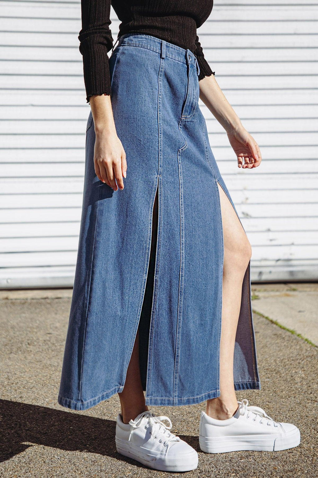 SWEET TALKING DENIM MIDI SKIRT Flying Tomato