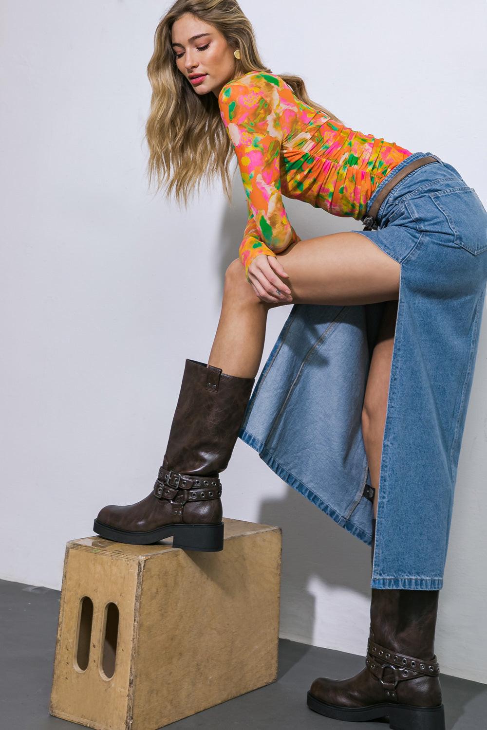 KEEP SHINING DENIM MIDI SKIRT Flying Tomato