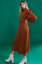 TIER ELEGANCE BROWN WOVEN MIDI DRESS Flying Tomato