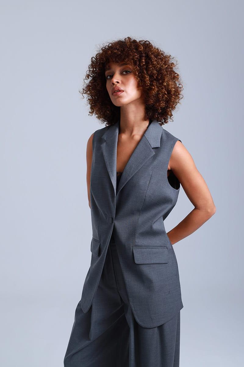 Broadway Sophia Longline Virgin Wool Waistcoat in Mid Grey ETNA