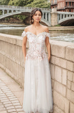 Rubi - 3D Apricot pink floral lace off-the-shoulder A-line tulle prom dress colored wedding dress SelenaHuanStudio
