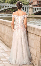 Rubi - 3D Apricot pink floral lace off-the-shoulder A-line tulle prom dress colored wedding dress SelenaHuanStudio