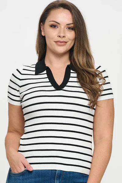 V-Neck Striped Polo Shirt Bella Moda Latina