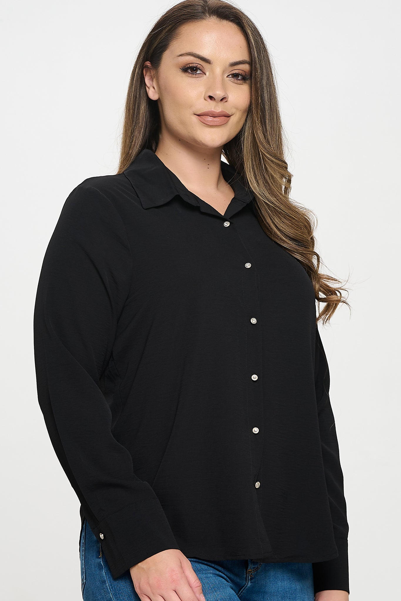 Collared Button Down Long Sleeve Top Bella Moda Latina