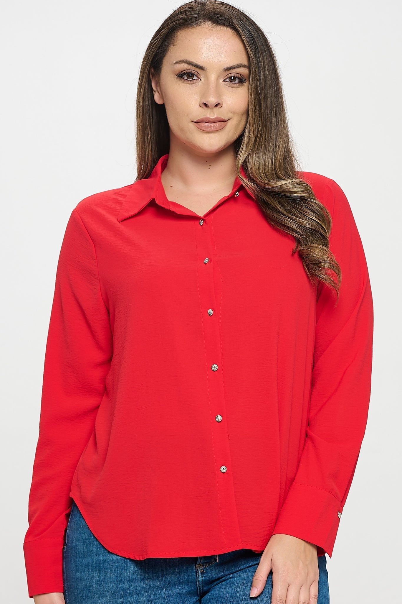 Collared Button Down Long Sleeve Top Bella Moda Latina
