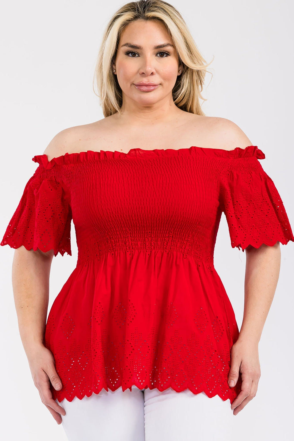 Off Shoulder Smocked Eyelet Top Bella Moda Latina
