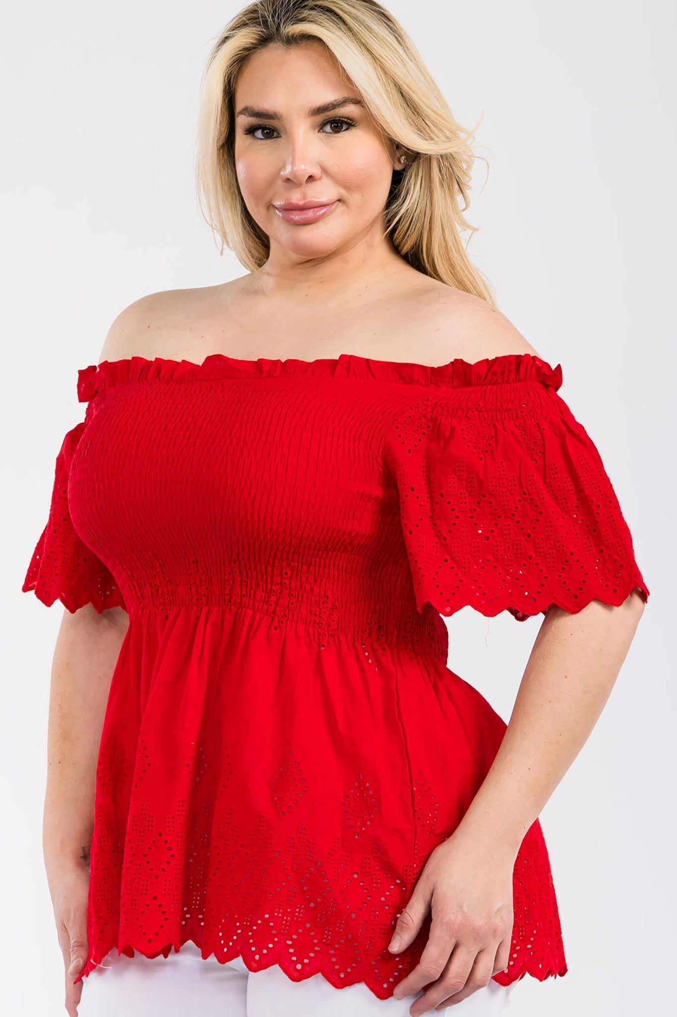 Off Shoulder Smocked Eyelet Top Bella Moda Latina