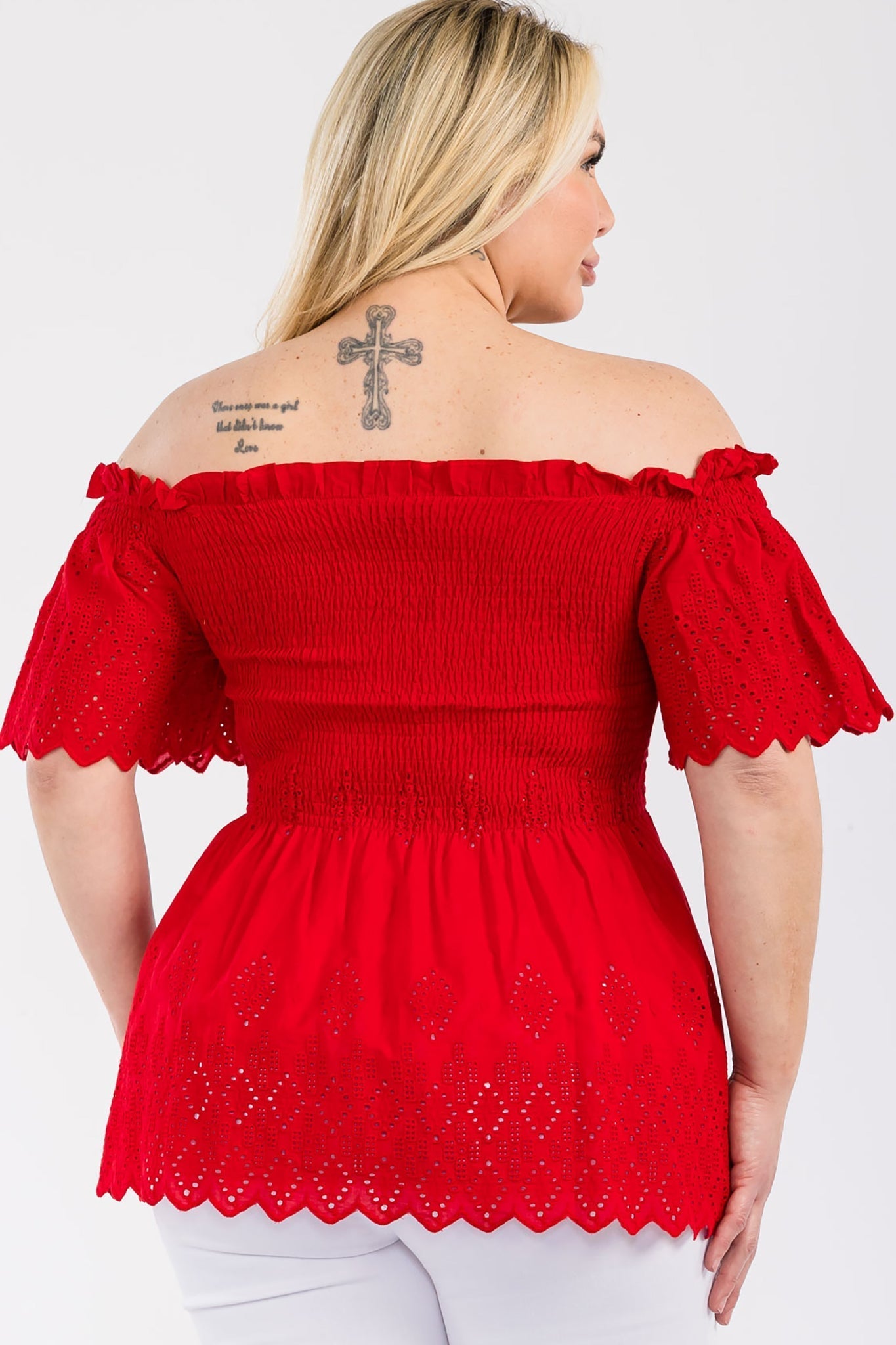 Off Shoulder Smocked Eyelet Top Bella Moda Latina