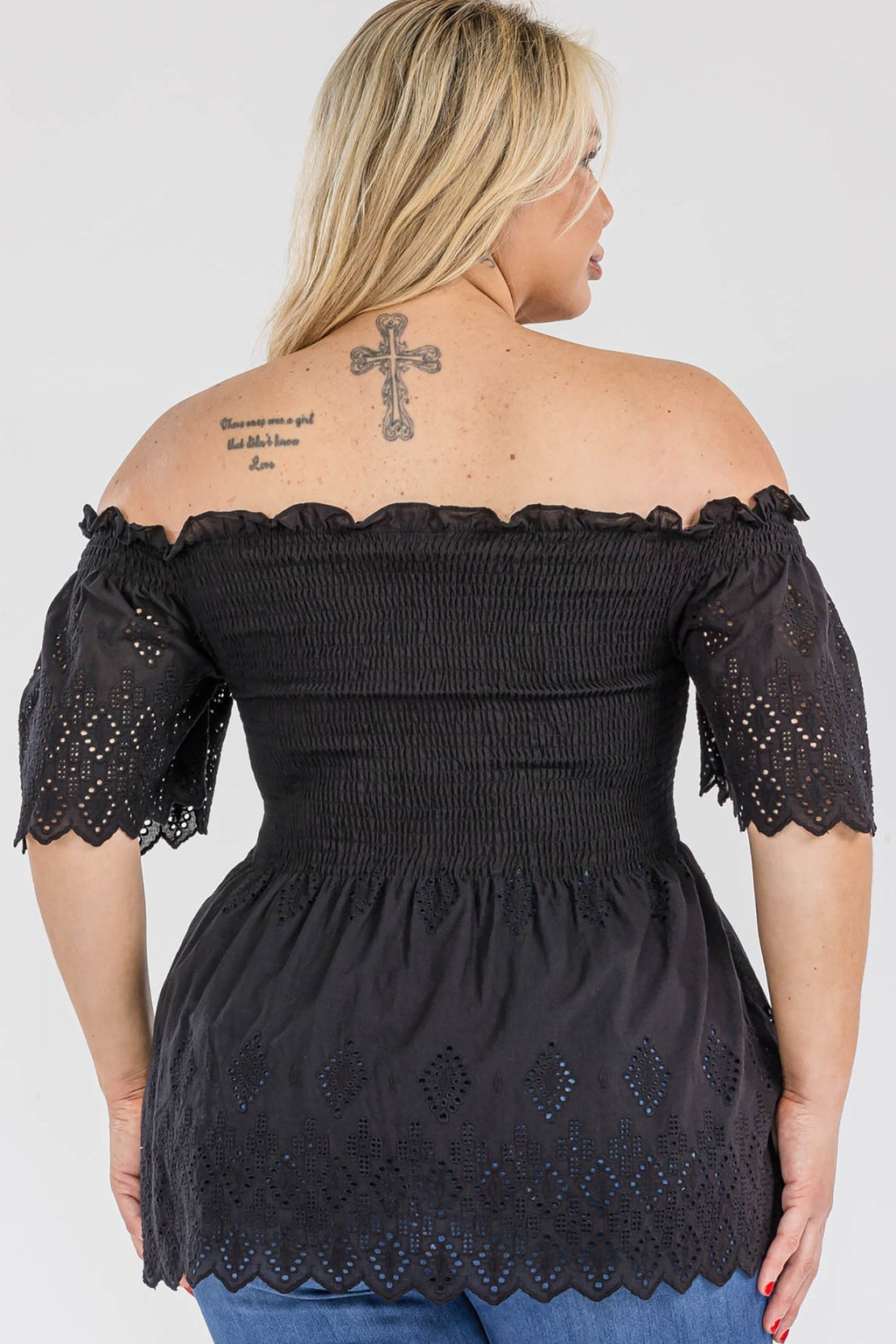 Off Shoulder Smocked Eyelet Top Bella Moda Latina