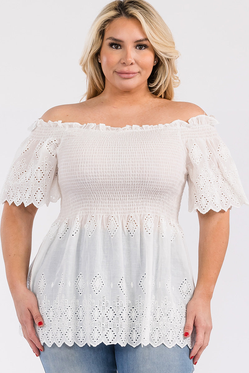 Off Shoulder Smocked Eyelet Top Bella Moda Latina