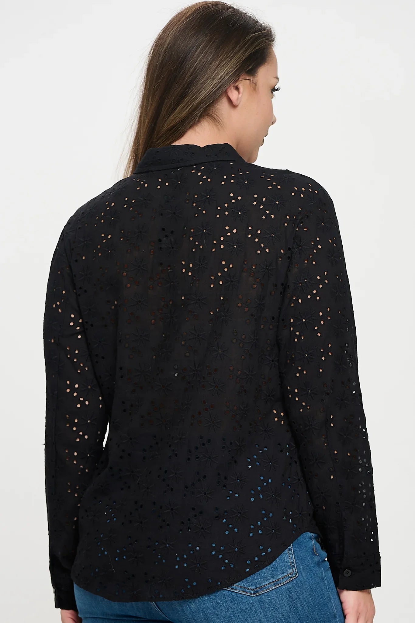 Long Sleeve Button Down Eyelet Top Bella Moda Latina