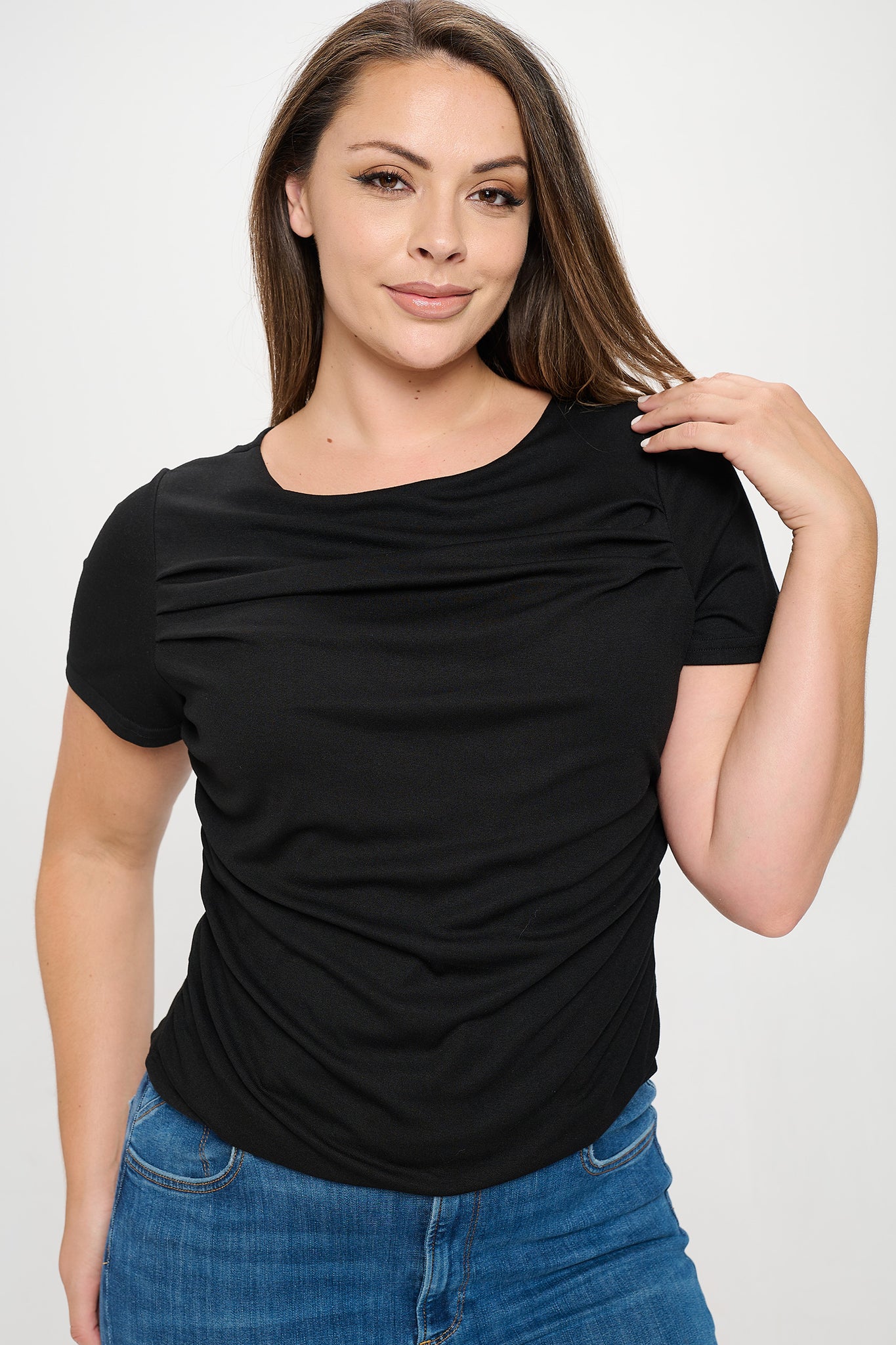 Short Sleeve Boat Neck Ruched Top Bella Moda Latina