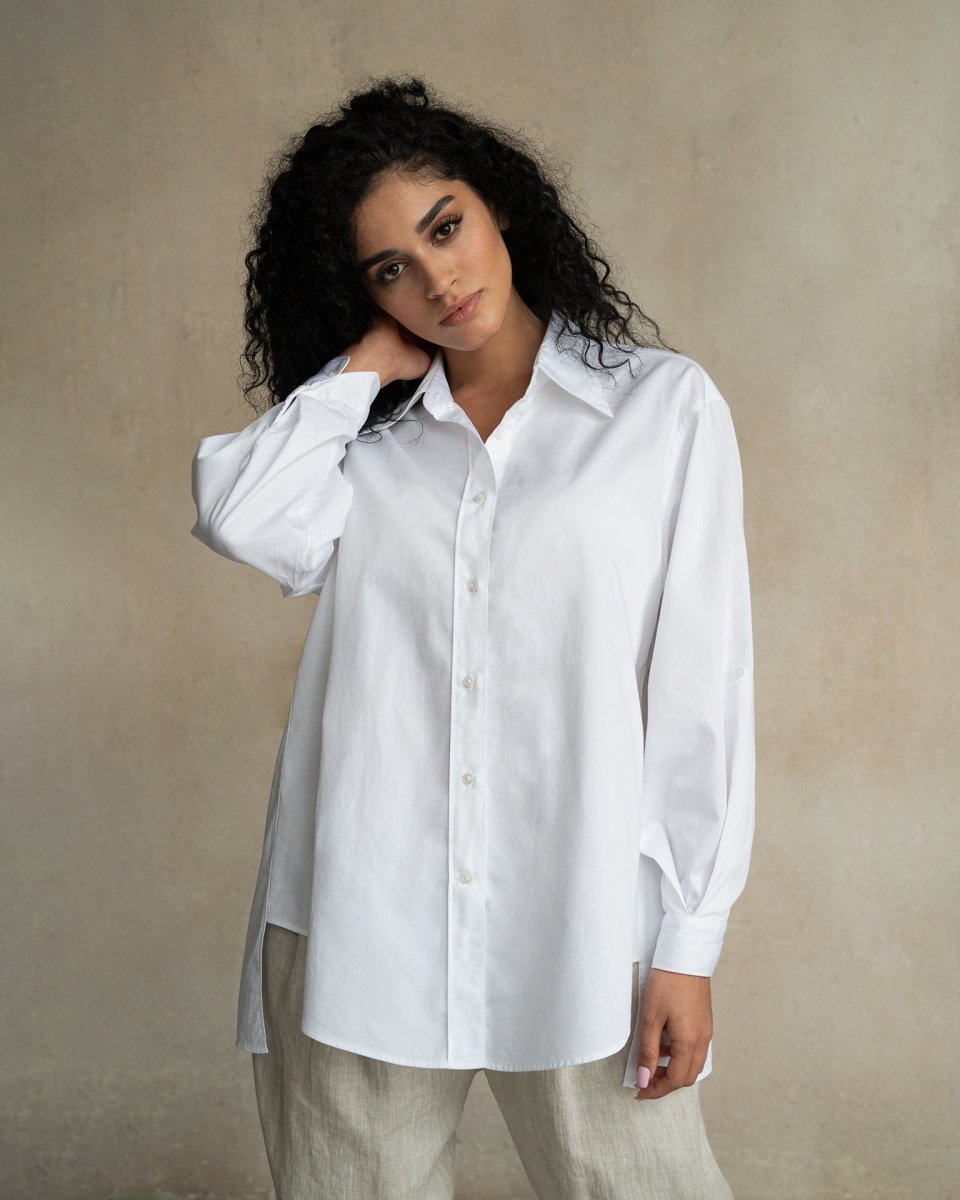 Terza Oversized Rolling-up White Cotton Shirt