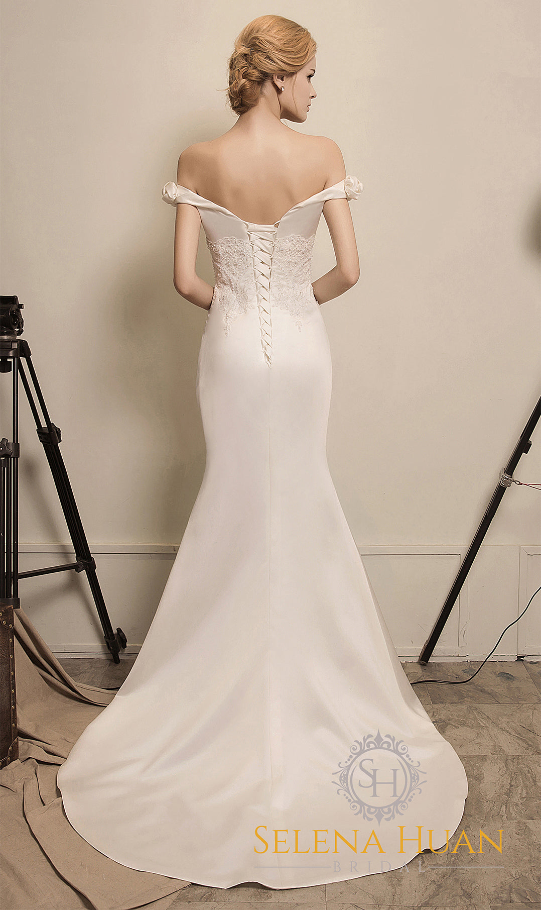 Rose Manor - Beaded Floral lace off-the-shoulder mermaid soft silky satin prom dress colored wedding dress