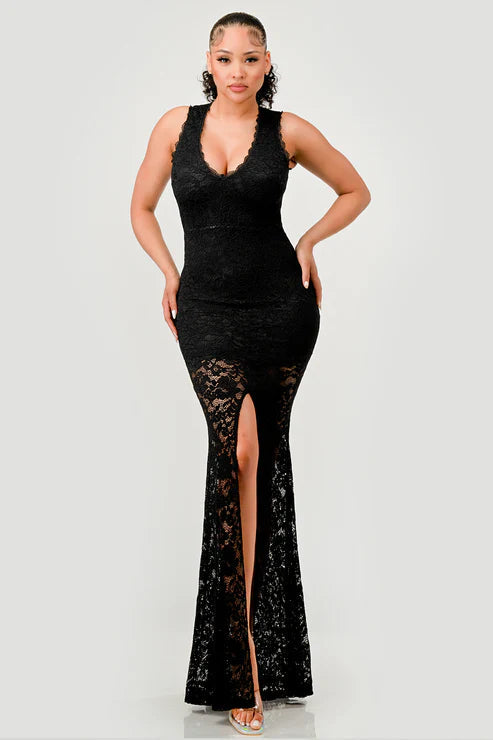 DEEP V NECK LACE MERMAID MAXI DRESS Bella Moda Latina