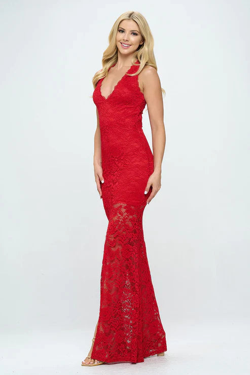 DEEP V NECK LACE MERMAID MAXI DRESS Bella Moda Latina