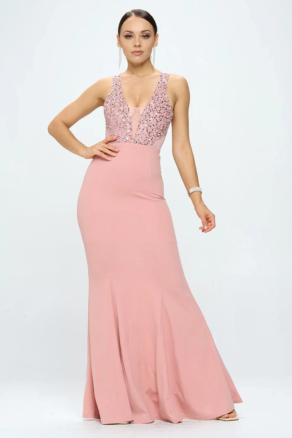 DEEP V NECK RHINESTONED FLOOR LENGTH MAXI DRESS Bella Moda Latina