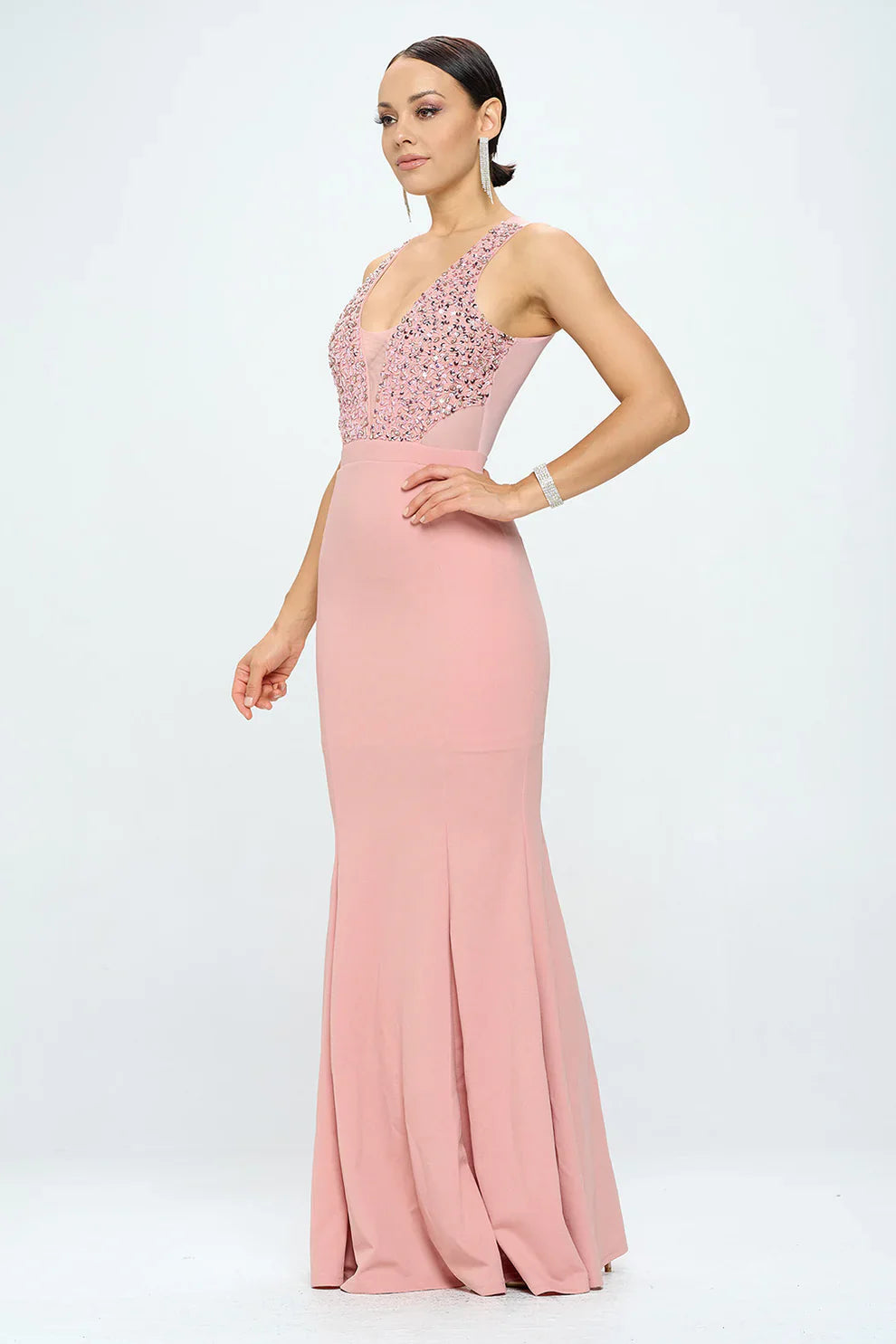 DEEP V NECK RHINESTONED FLOOR LENGTH MAXI DRESS Bella Moda Latina