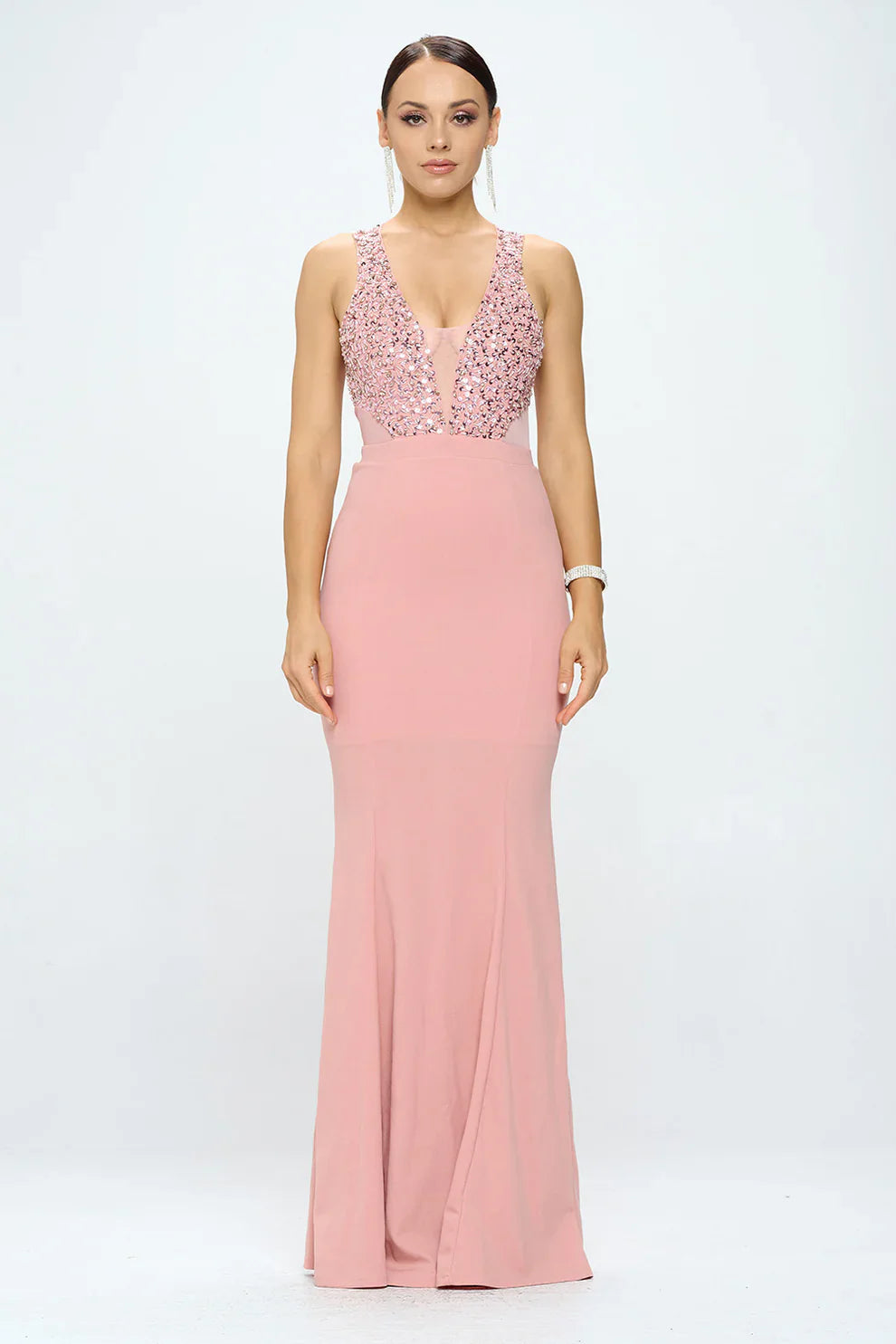 DEEP V NECK RHINESTONED FLOOR LENGTH MAXI DRESS Bella Moda Latina